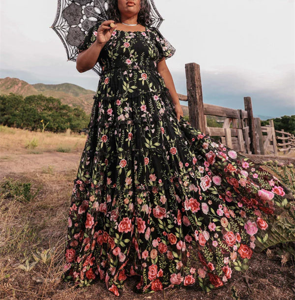 A-Line/Princess V-Neck Short Sleeves Floral Formal Plus Size Party Dresses  With Flowers