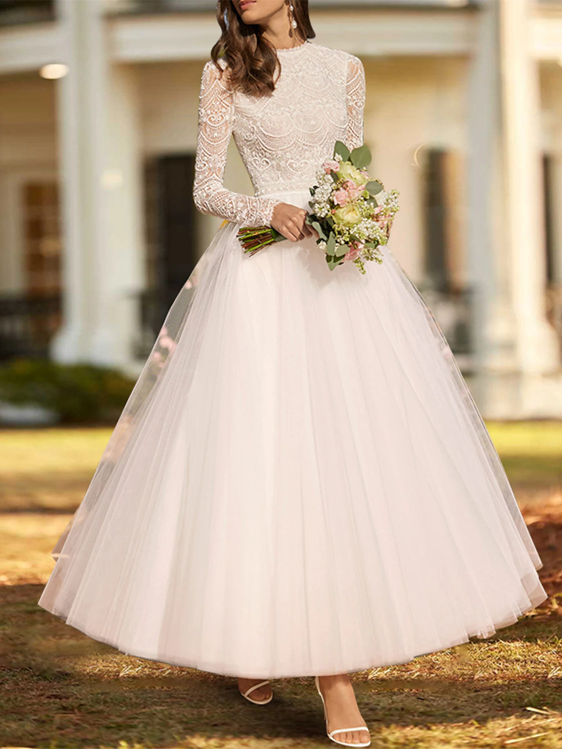 Ball Gown Lace Satin Tulle Scoop Long Sleeve Ankle Length Appliques So