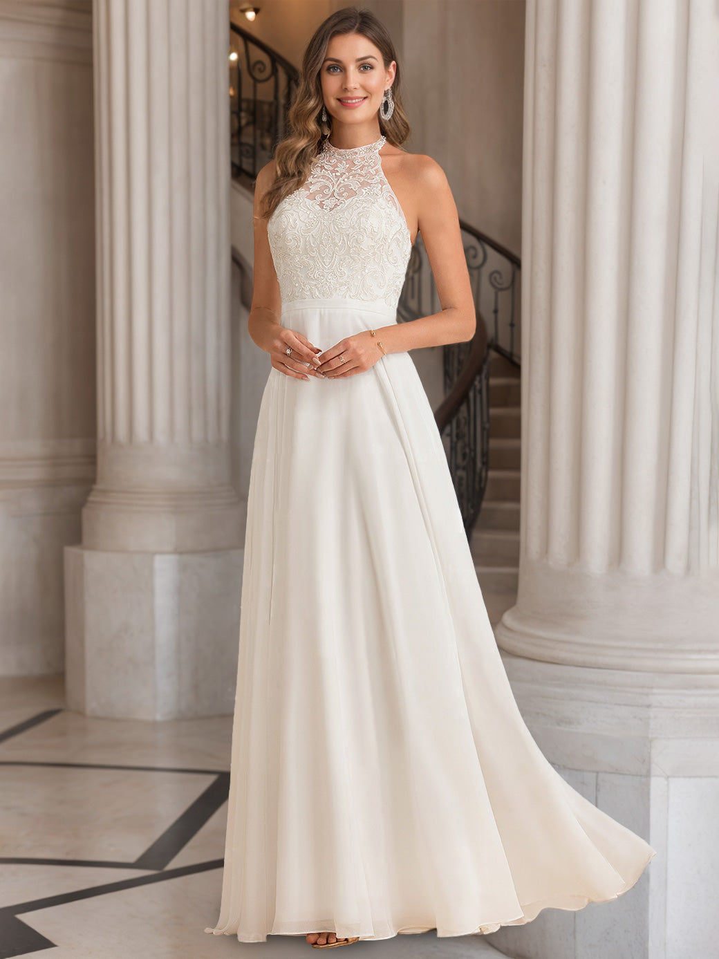 A Line/Princess Halter Neck Sleeveless Floor-Length Wedding Dress with
