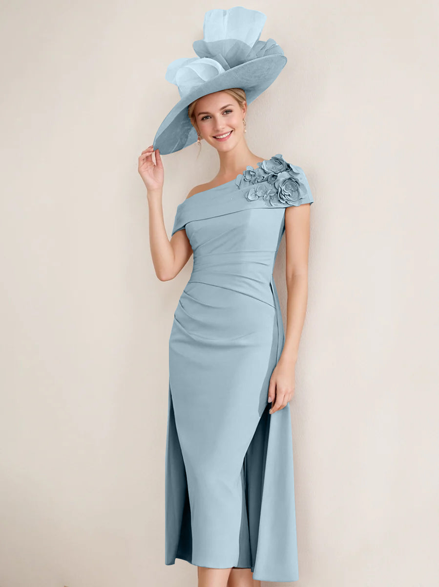 Sheath/Column Off-the-Shoulder Pleated Tea-Length Mother of the Bride - Mondressy UK Sheath/Column Off-the-Shoulder Pleated Tea-Length Mother of the Bride - Mondressy UK