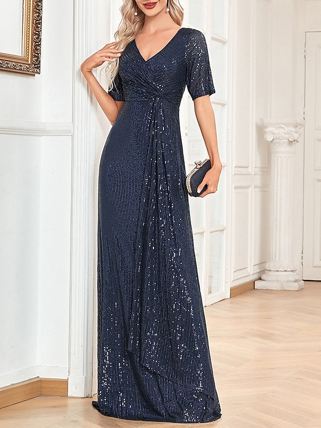 A-Line/Princess V-Neck Short Sleeves Floor-Length Party Cocktail Dress