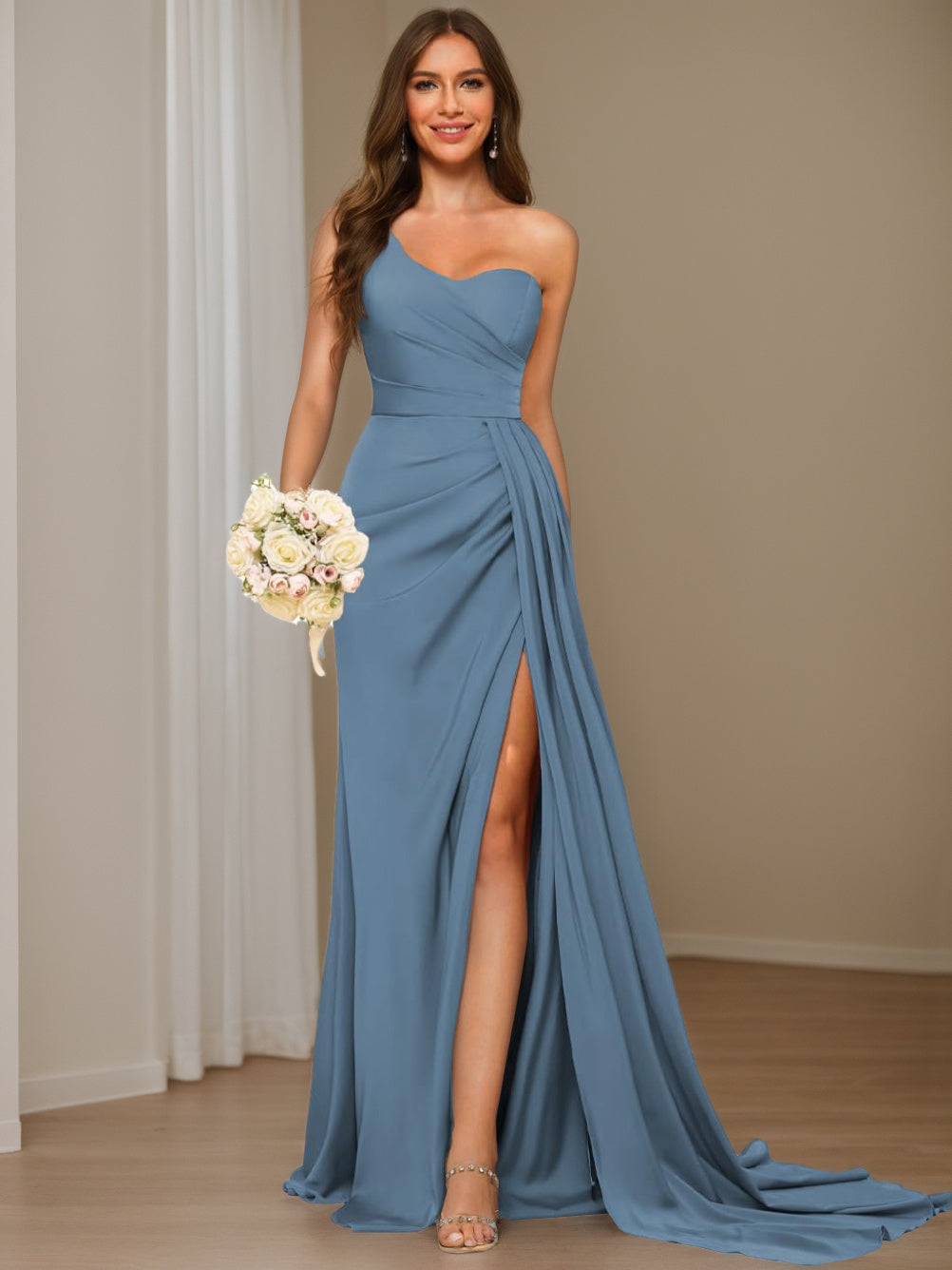 A Line/Princess Satin One-shoulder Sleeveless Floor-Length Bridesmaid - Mondressy UK A Line/Princess Satin One-shoulder Sleeveless Floor-Length Bridesmaid - Mondressy UK