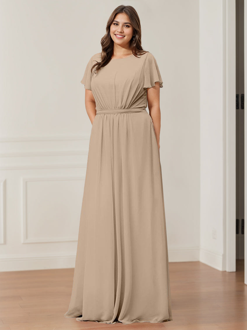 A Line/Princess Scoop Neck Short Sleeves Floor-Length Bridesmaid Dresses  with Pocket & Ruffles