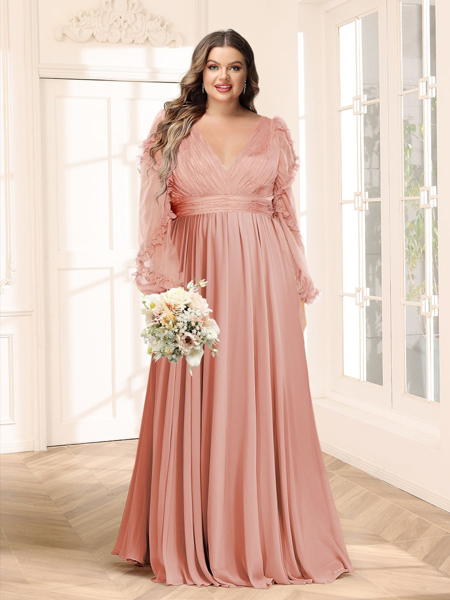 A-Line/Princess V-Neck Long Sleeves Chiffon Empire Plus Size Bridesmai