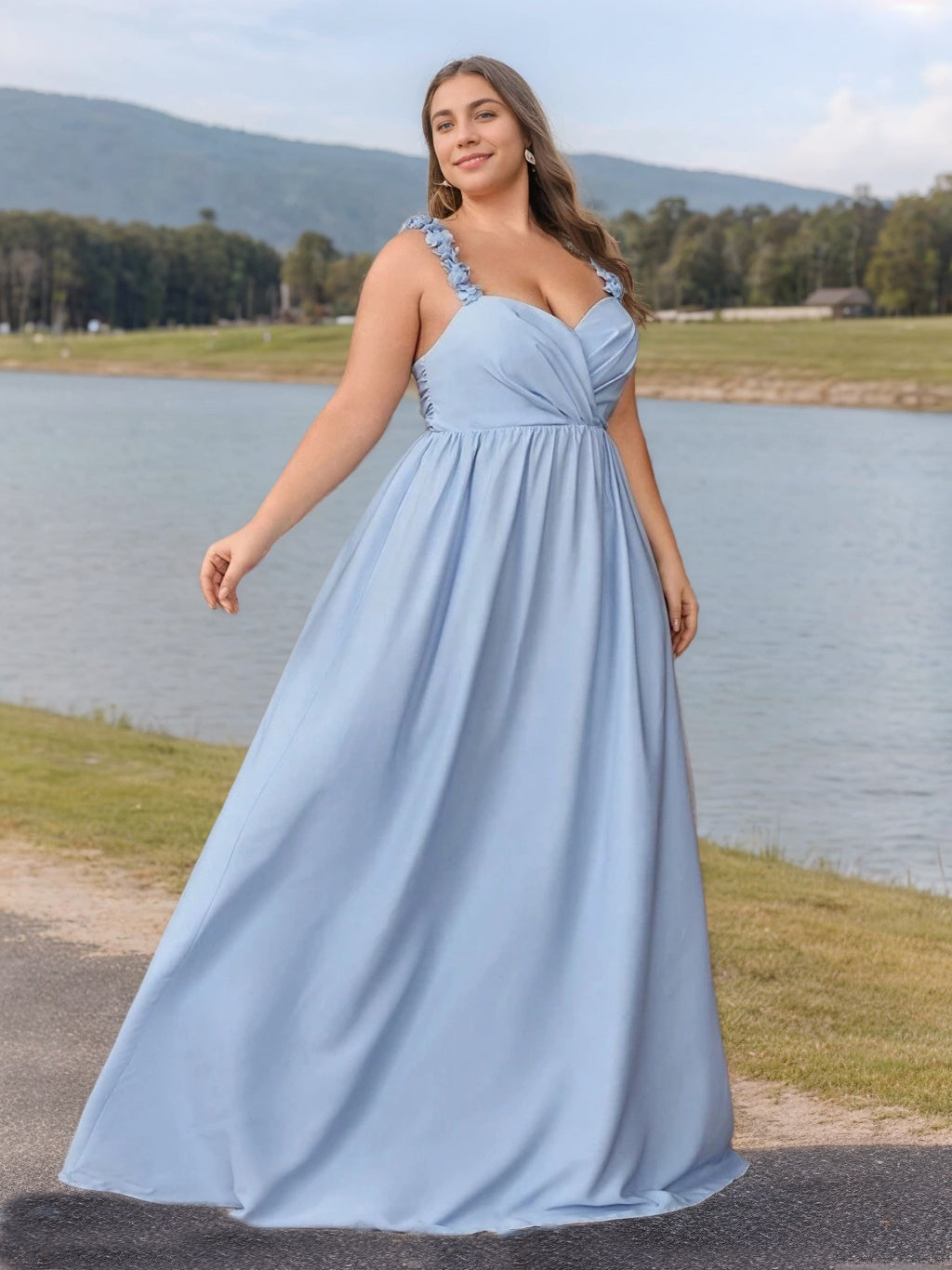A-Line/Princess V-Neck Sleeveless Floor-Length Plus Size Bridesmaid Dresses with Ruffles