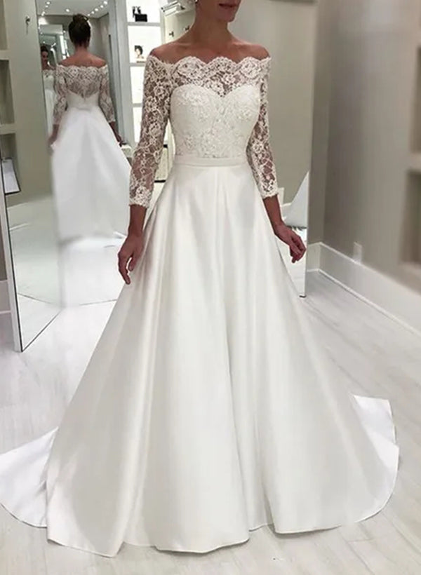 A-Line/Princess Off-the-Shoulder Floor-length Lace Wedding Dress - Mondressy UK A-Line/Princess Off-the-Shoulder Floor-length Lace Wedding Dress - Mondressy UK