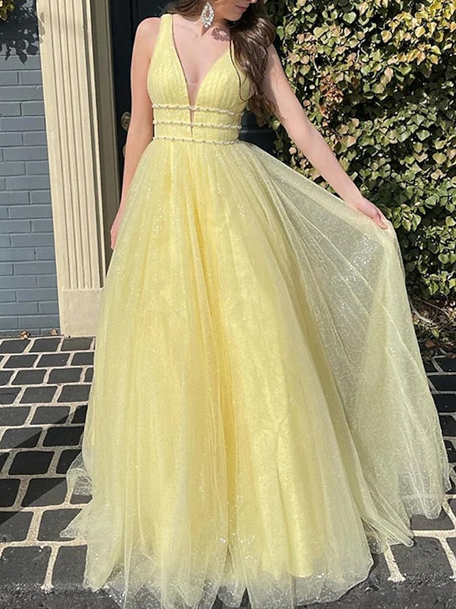 A-Line/Princess V-Neck Floor-length Prom Dresses - Mondressy UK