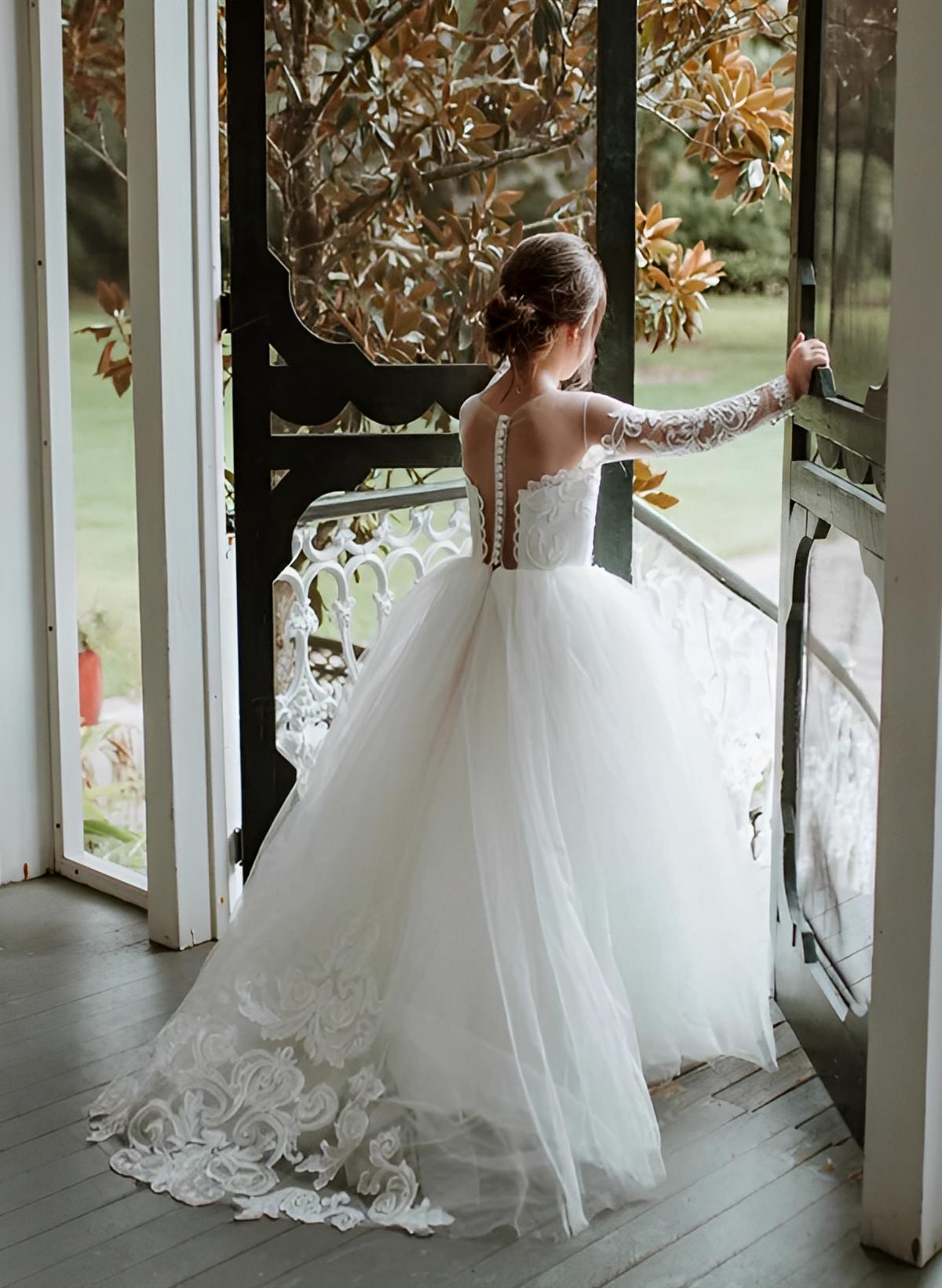 A-Line/Princess Cold Shoulder Appliques Tulle Flower Girl Dresses