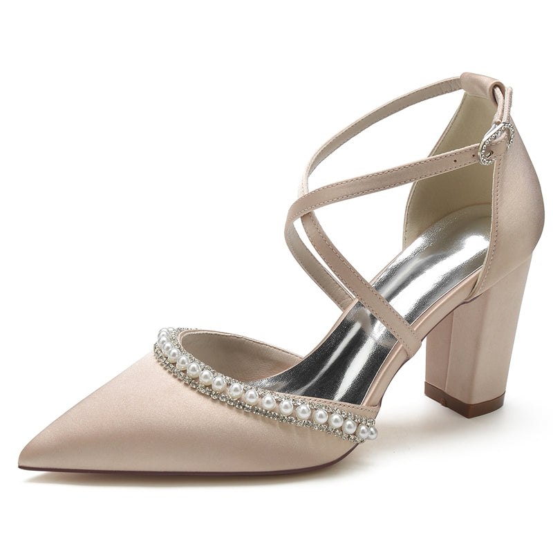 Women's Wedding Shoes Pointed Toe Chunky Heel Crossed Straps Bridal Sh ...