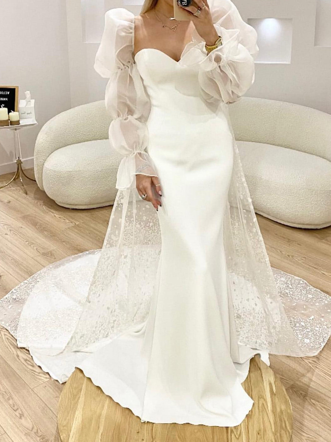 Trumpet/Mermaid Square 1/2 Sleeves Lace Applique Bridal Wedding Dresses main image 1