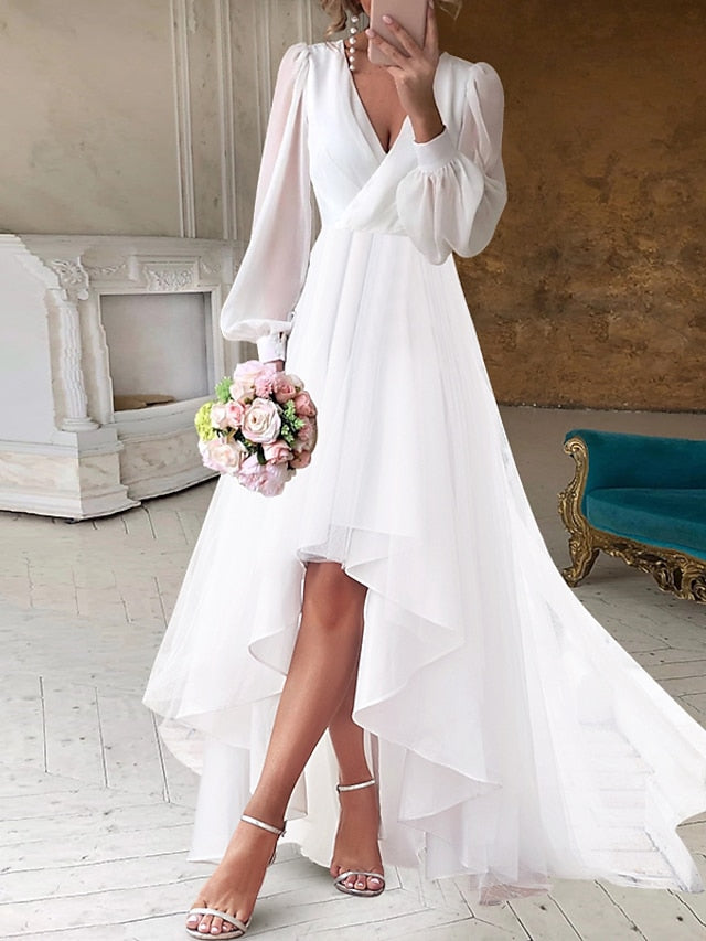 strapless open back dress A-Line/Princess V-Neck Asymmetrical Wedding Dress