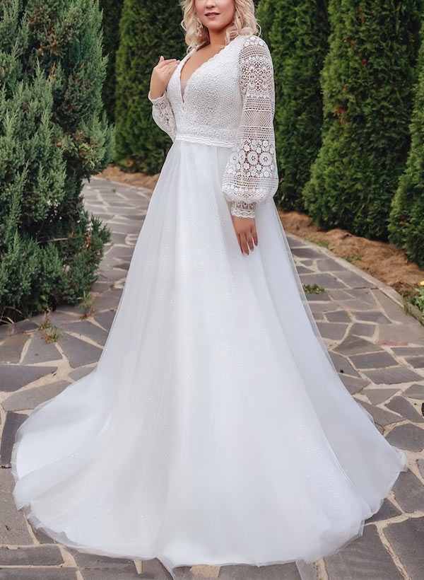 A-Line/Princess V-Neck Plus Size Lace Wedding Dress with Applique -  Mondressy UK