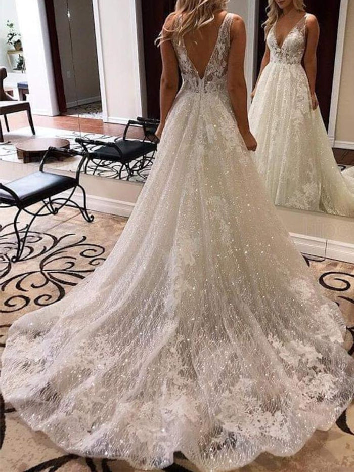A-Line/Princess Deep V-Neck Sleeveless Floor-Length Long Wedding Dress with Lace main image 1