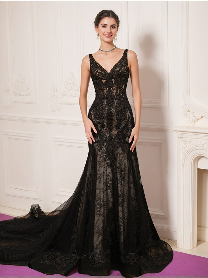 Trumpet/Mermaid V-Neck Sleeveless Black Wedding Dress with Lace Appliq