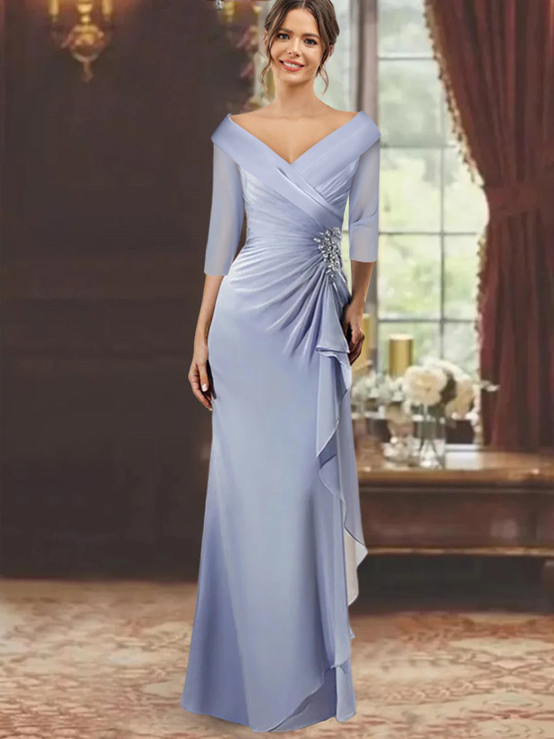 Sheath/Column V-Neck Half Sleeves Floor-Length Mother of the Bride Dresses with Ruffles Appliques