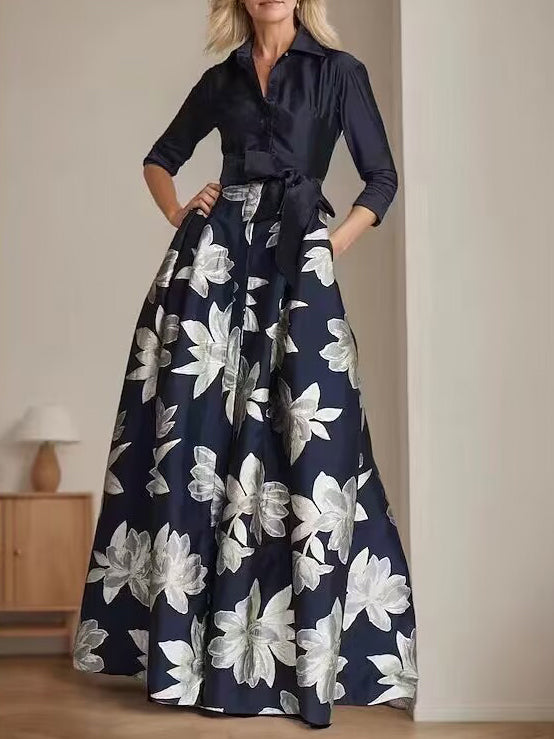 mother of the bride shirt dress A-Line/Princess Shirt Collar 3/4 Sleeves Floor Length Printed Flower M