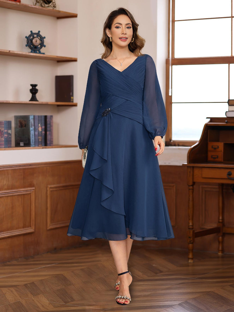 A-Line/Princess V-Neck Long Sleeves Tea-Length Elegant Mother of the Bride Dresses main image 0