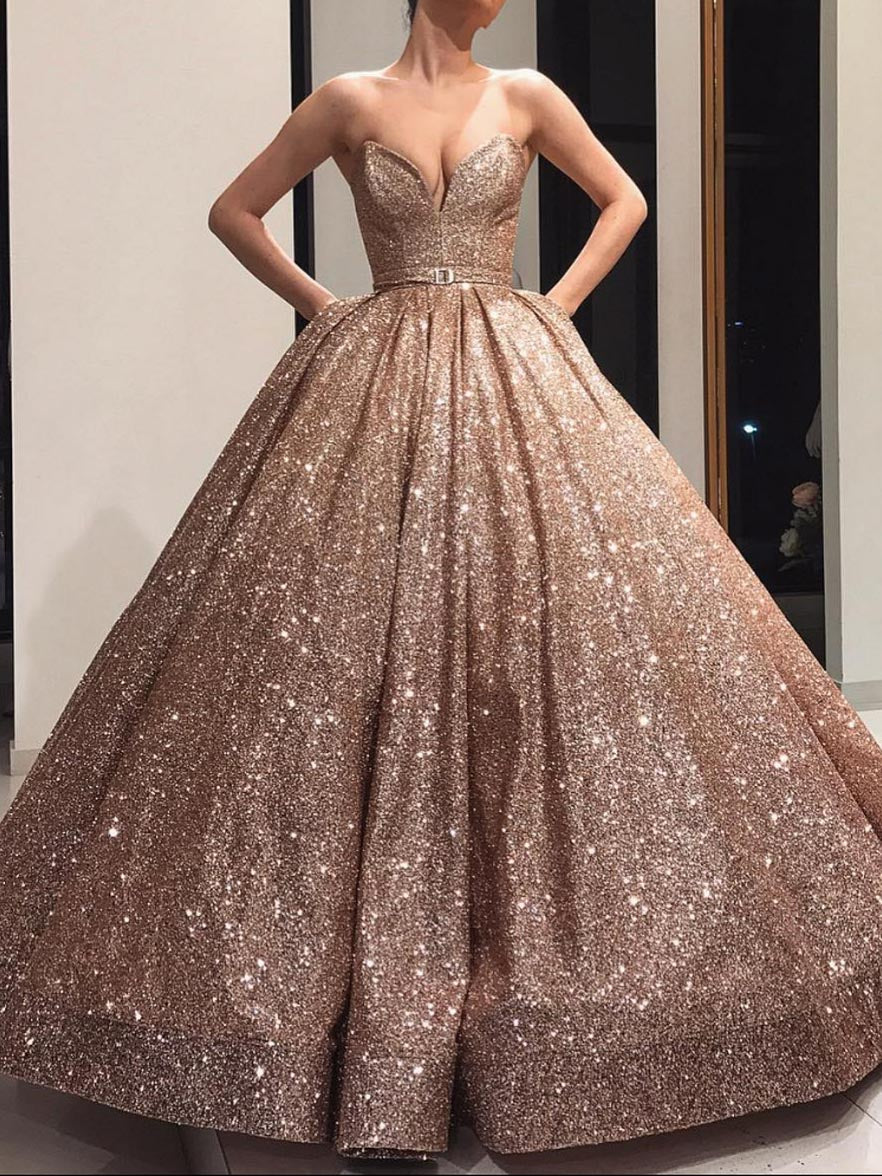 Ball Gown V-Neck Floor-length Long Prom Dresses With Belt - Mondressy UK Ball Gown V-Neck Floor-length Long Prom Dresses With Belt - Mondressy UK
