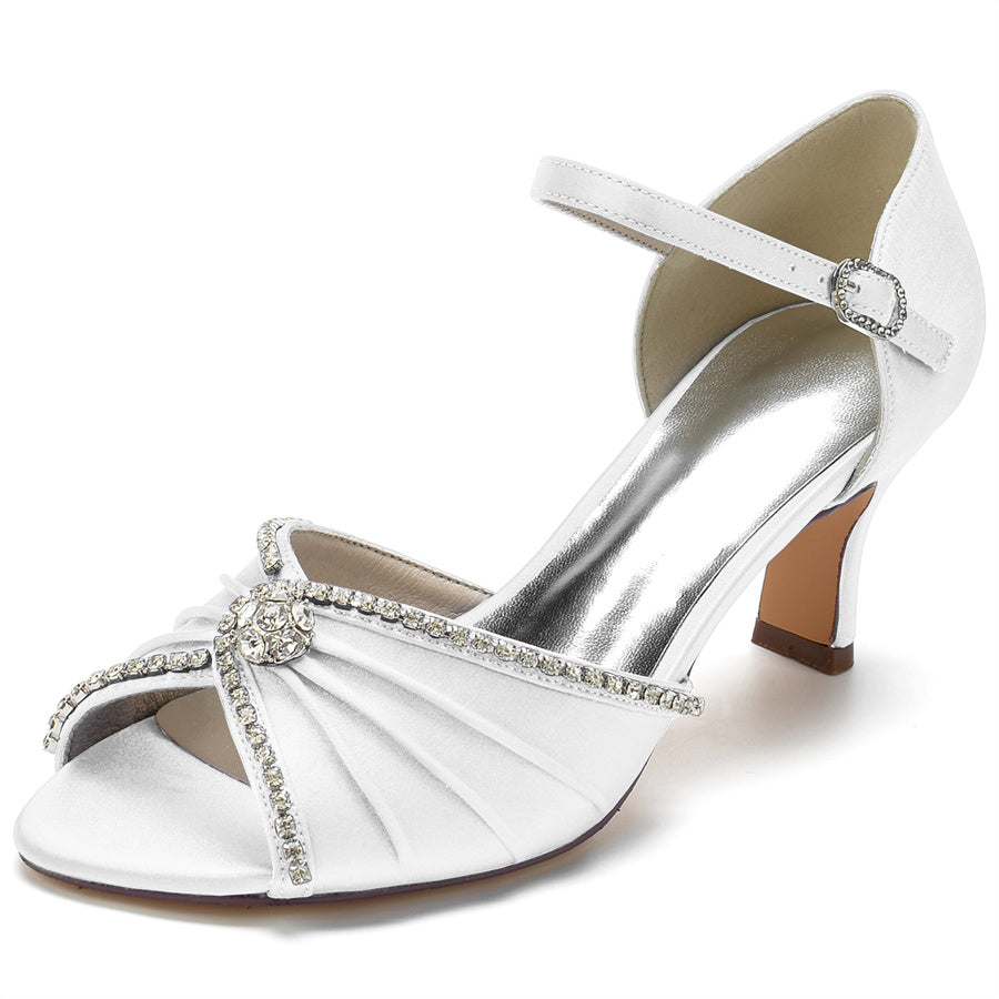 Women's Wedding Shoes Peep Toe Mid Heel Bridal Shoes with Round Crysta ...