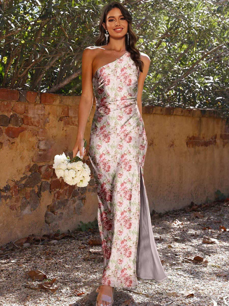 floral bridesmaid dresses uk Zapaka Women Dusty Sage Bridesmaid Dress with Slit A Line Printed Floral  Long Wedding Guest Dress – ZAPAKA UK main image 1