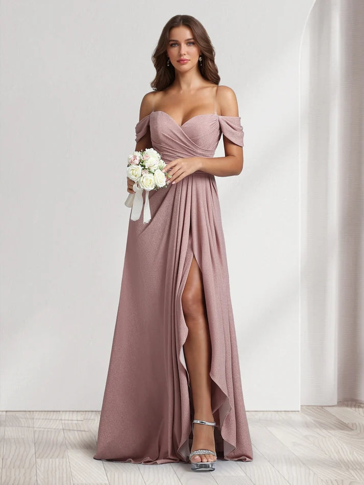 A-Line/Princess Off-the-Shoulder Floor-Length Ruched Bridesmaid Dresses  With Ruffles & Split Side