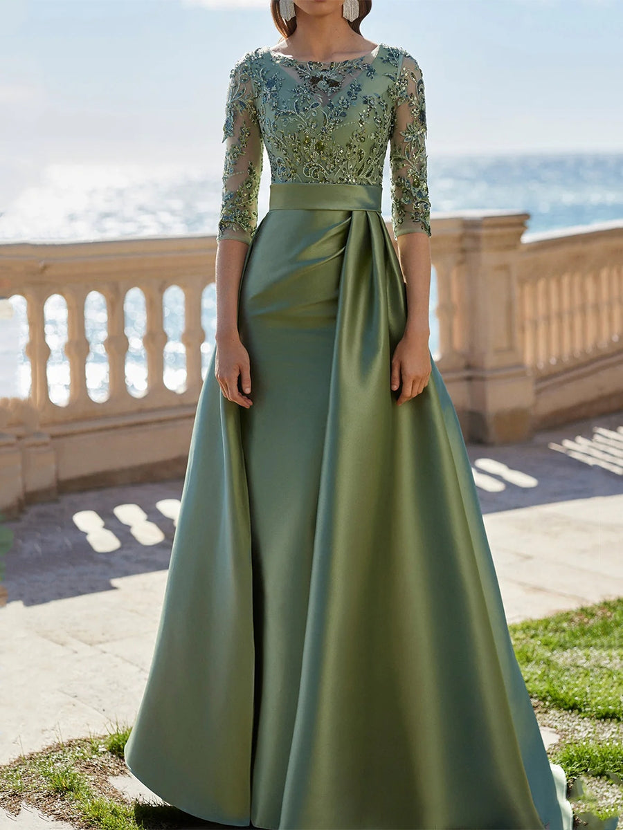 A-Line/Princess Scoop Satin Evening Dresses Half Sleeves Floor-Length