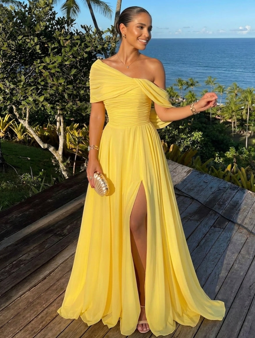 A-Line/Princess One-Shoulder Chiffon Evening Dresses with Split Side Floor-Length Sleeveless Party Dresses Ruched