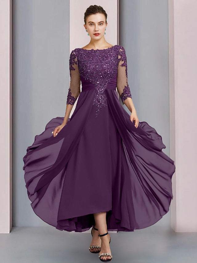 A-Line/Princess Scoop Satin Mother of the Bride Dresses Tea-Length Short Sleeves Beading Bowknot