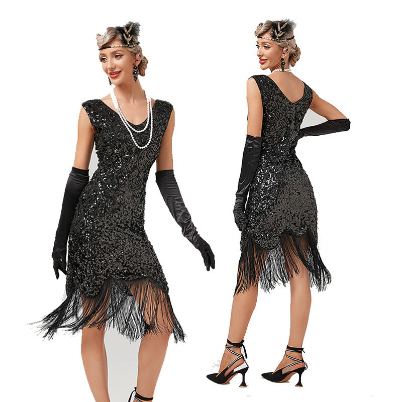 1920s The Great Gatsby Outfit Sheath/Column V-Neck Sequins Vintage Dre -  Mondressy UK