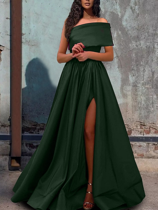 one shoulder a line prom dress ZAPAKA Women Dark Green Prom Dress with Slit A-Line One-Shoulder Long Tulle Evening Dress, Dark Green / US20W