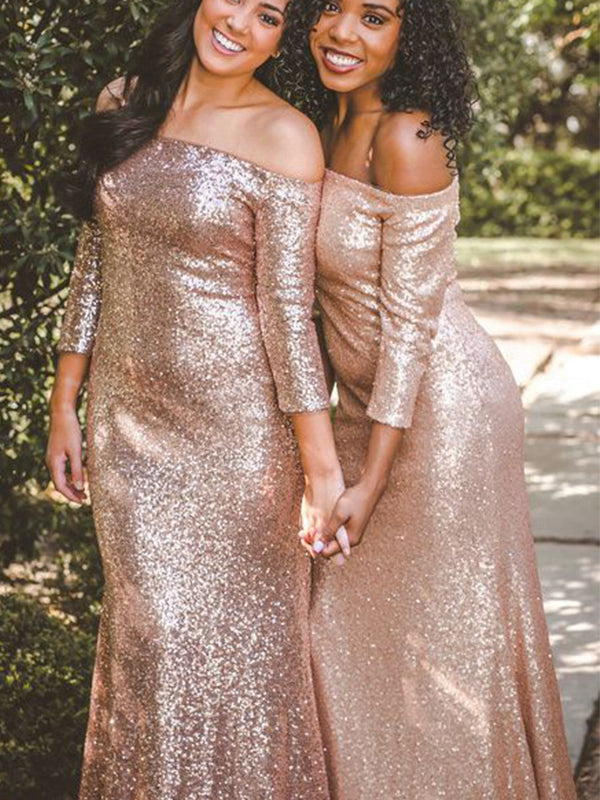 Sheath/Column Off-the-Shoulder 3/4 Sleeves Long Sequins Bridesmaid Dre - Mondressy UK Sheath/Column Off-the-Shoulder 3/4 Sleeves Long Sequins Bridesmaid Dre - Mondressy UK