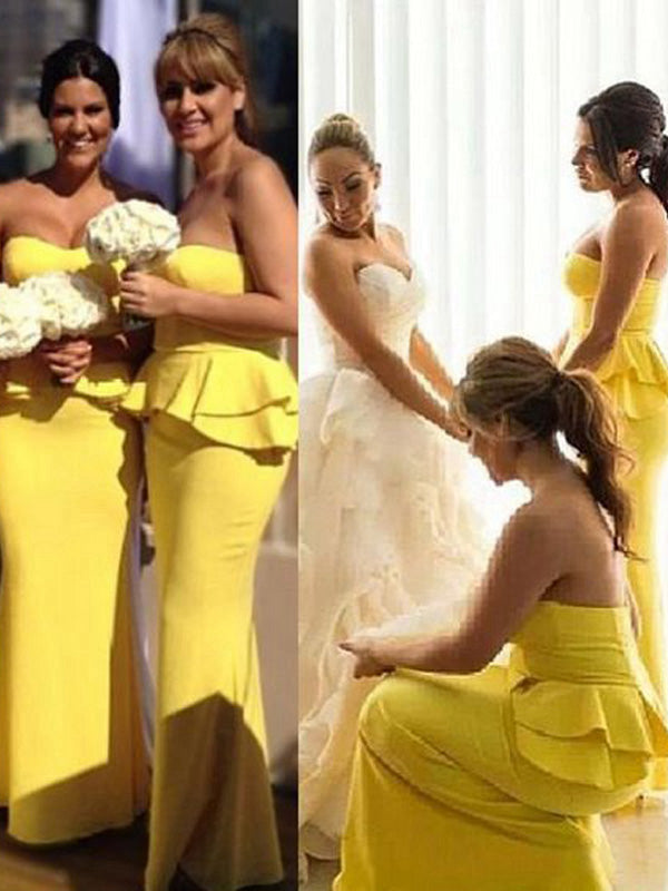 Strapless Sweetheart Mermaid Ruched Satin Chic Long Bridesmaid Dresses Sexy Slit