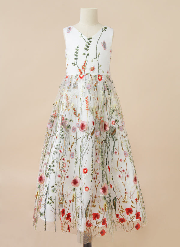A-Line/Princess Round Neck Satin Sleeveless Flower Girl Dresses with Opened Back & Bow main image 1
