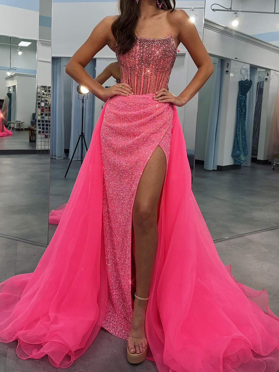 Sheath/Column Strapless Half Sleeves Ruched Evening Dresses with Split Side & Sequins main image 1