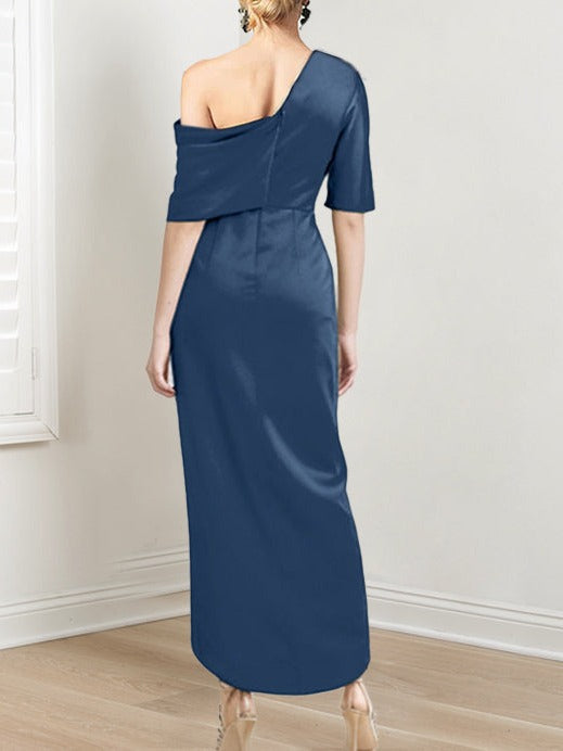 Sheath/Column One-Shoulder Short Sleeves Asymmetrical Mother of the Bride Dresses with Ruffles