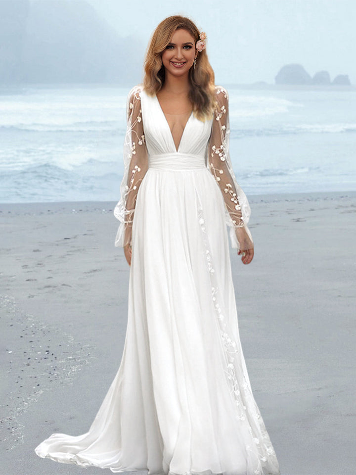 A-Line/Princess V-Neck Floor-length Wedding Dress