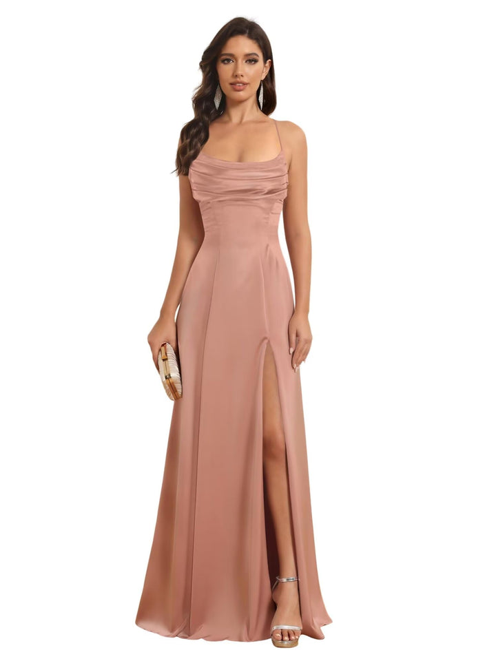 A-Line Spaghetti Straps Sleeveless Floor Length Bridesmaid Dresses Satin With Split Slide