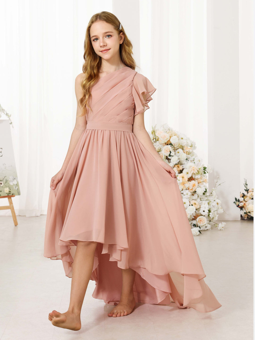 A-Line/Princess Chiffon Short Sleeves One-shoulder Asymmetrical  Flower Girl Dresses
