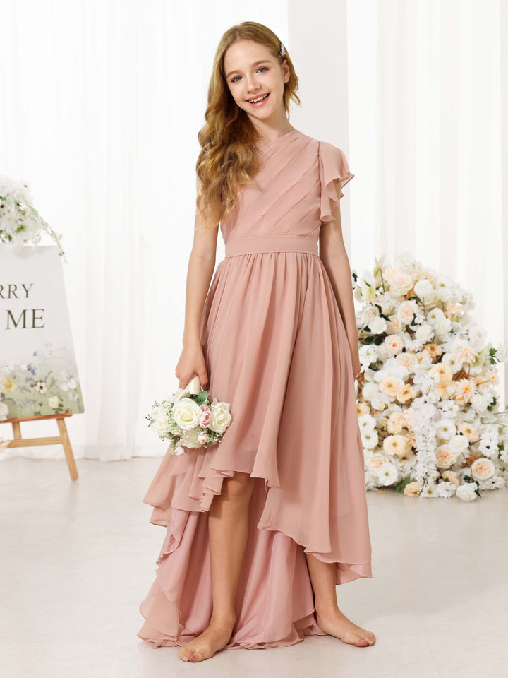 A-Line/Princess Chiffon Short Sleeves One-shoulder Asymmetrical  Flower Girl Dresses