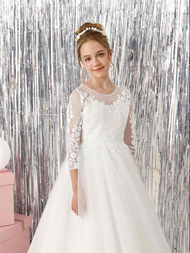 Ball-Gown 3/4 Sleeves Scoop Neck Floor-Length Flower Girl Dresses