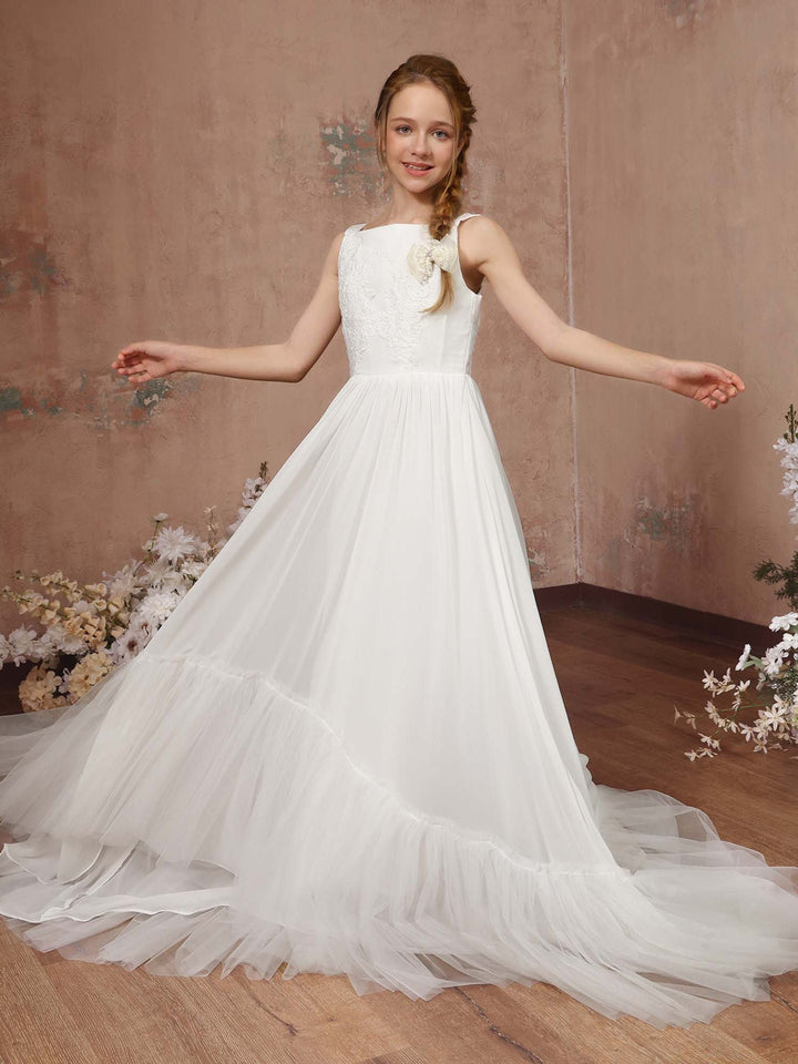 A-Line/Princess Tulle Sleeveless Square Neck Floor-Length Flower Girl Dresses