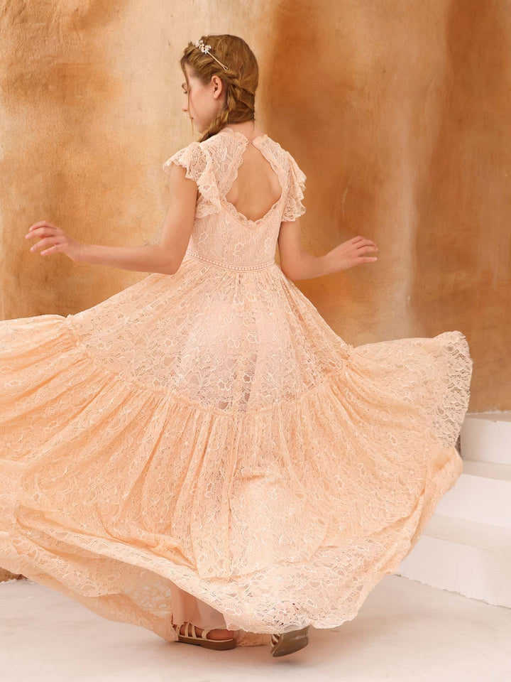 A-Line/Princess Lace Short Sleeves Scoop Neck Floor-Length Flower Girl Dresses