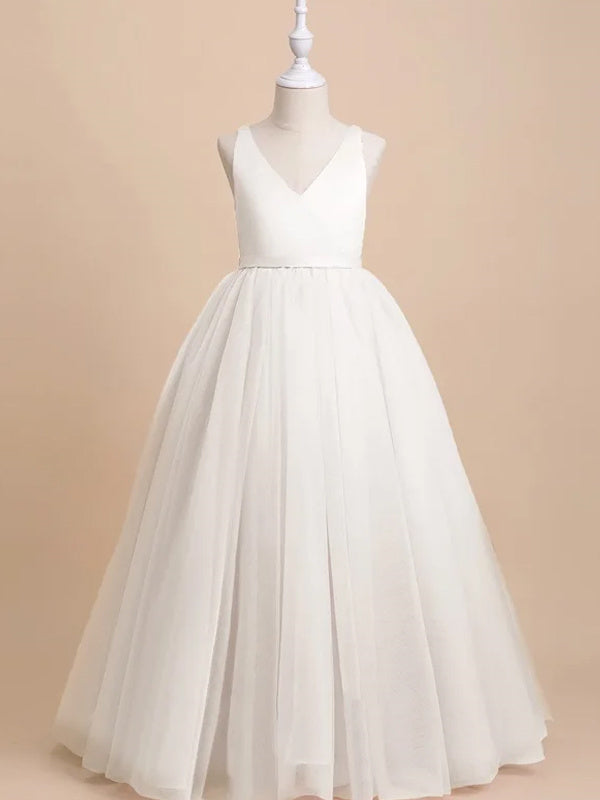 A-Line/Princess Satin Tulle  Sleeveless Floor-Length Bow(s) Flower Girl Dresses