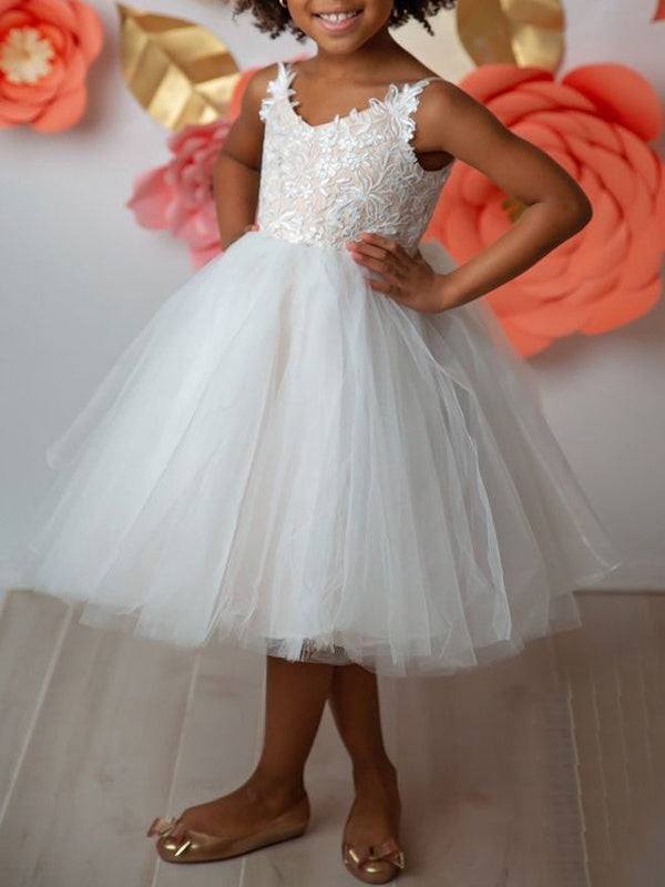 Ball-Gown Tulle Lace V-neck Sleeveless Tea-Length Appliques Lace Flower Girl Dresses