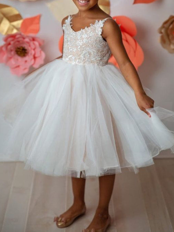 Ball-Gown Tulle Lace V-neck Sleeveless Tea-Length Appliques Lace Flower Girl Dresses