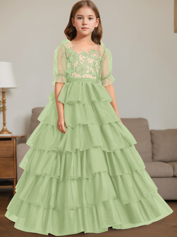 Ball-Gown Scoop Neck Sleeveless Floor-Length Flower Girl Dress with Lace