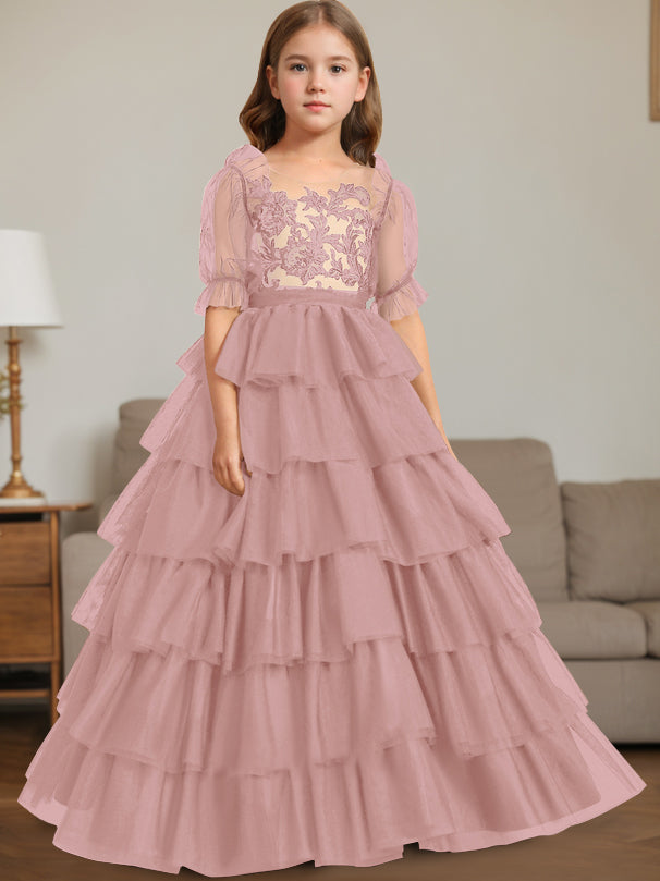 Ball-Gown Scoop Neck Sleeveless Floor-Length Flower Girl Dress with Lace