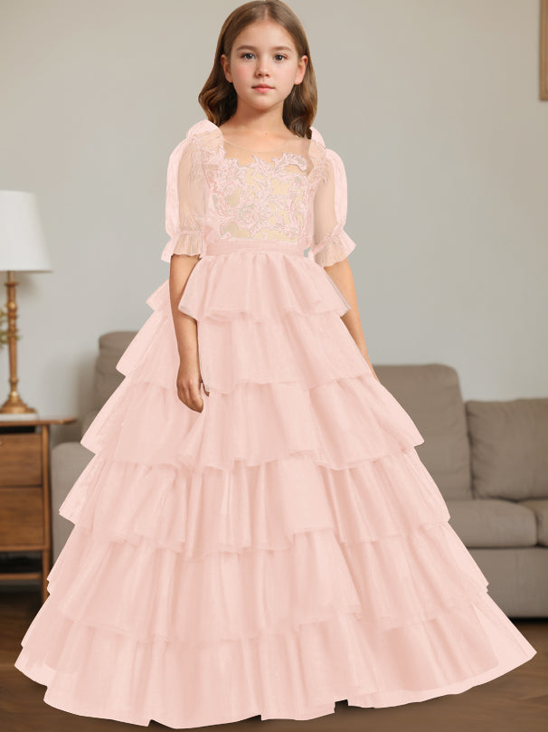 Ball-Gown Scoop Neck Sleeveless Floor-Length Flower Girl Dress with Lace