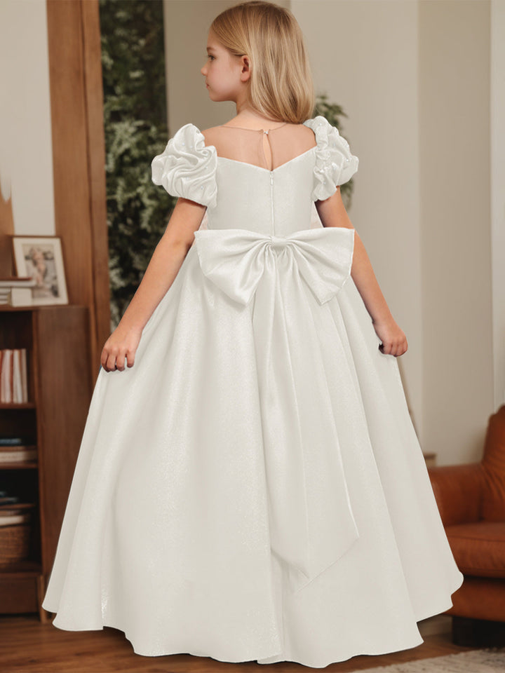 A-Line/Princess Scoop Neck Short Sleeves Floor-Length Flower Girl Dress with Ruffles