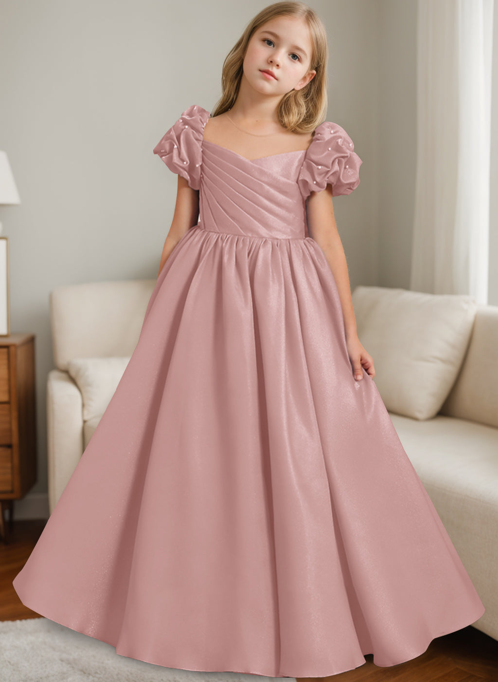 A-Line/Princess Scoop Neck Short Sleeves Floor-Length Flower Girl Dress with Ruffles